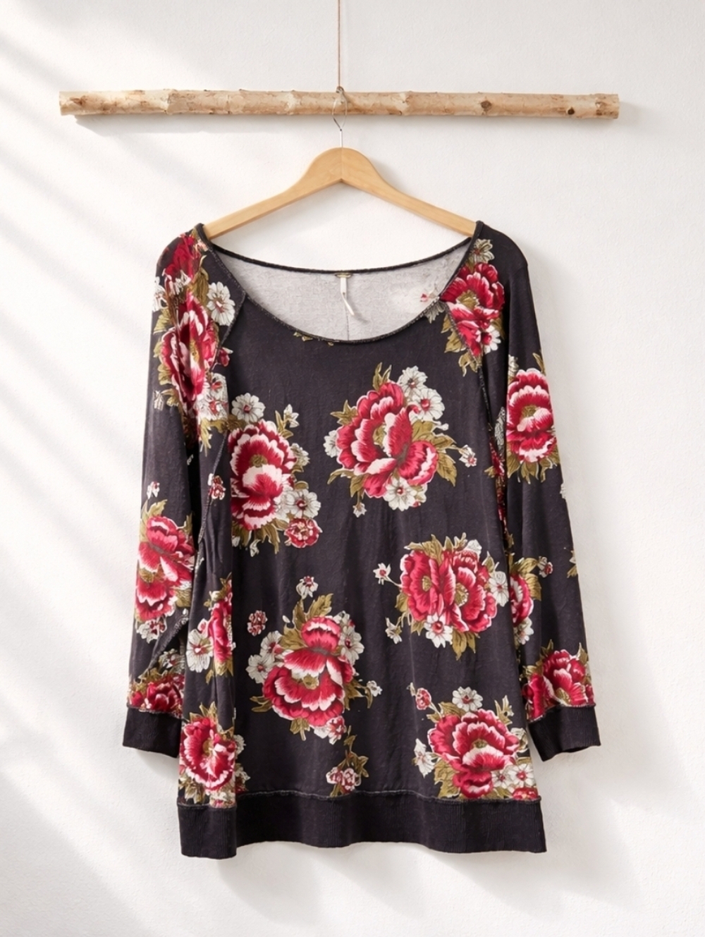 Free People Slouchy Floral Rose Print Oversized Tunic Sweatshirt Off Shoulder M